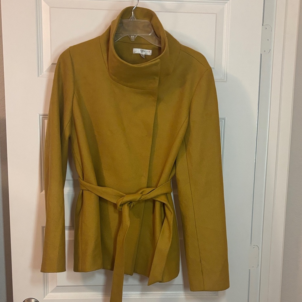 VTG Kenar Mustard cropped Trench Coat felt crossover wool blend SZ L belted